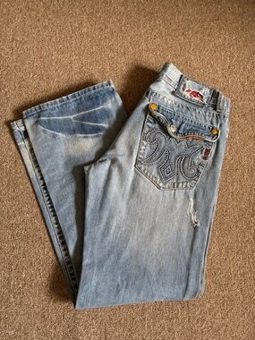 MEK Boulder 34x34 Distressed Light Blue Embroidered Pocket Men’s Denim